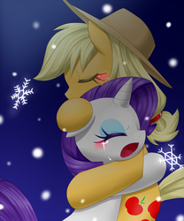 Size: 833x1000 | Tagged: safe, artist:hashioaryut, applejack, rarity, earth pony, pony, unicorn, g4, comforting, crying, duo, female, lesbian, mare, pixiv, ship:rarijack, shipping, snow, snowflake