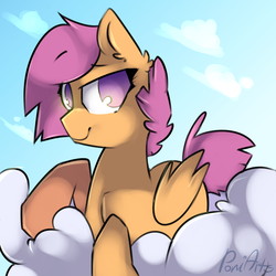 Size: 1400x1400 | Tagged: safe, artist:dippershat, scootaloo, pegasus, pony, g4, cloud, cloudy, day, female, looking back, lying down, lying on a cloud, older, on a cloud, prone, solo
