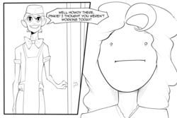 Size: 1000x667 | Tagged: safe, artist:bakuhaku, carrot cake, pinkie pie, human, comic:friendship is dirty, g4, :i, comic, explicit source, grayscale, grin, humanized, monochrome, oh crap, poker face, smiling, stealth sex, wide eyes