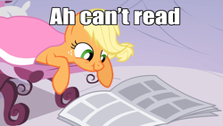 Size: 1366x768 | Tagged: safe, edit, edited screencap, screencap, applejack, earth pony, pony, g4, ponyville confidential, accent, caption, female, illiteracy, illiterate, image macro, impact font, mare, meme, missing accessory, newspaper, nose wrinkle, scrunchy face, silly, silly pony, spa