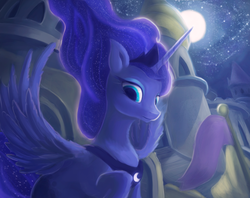 Size: 800x635 | Tagged: safe, artist:rodrigues404, princess luna, g4, canterlot, female, moon, solo, spread wings