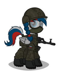 Size: 648x797 | Tagged: safe, artist:cogwheel98, oc, oc only, oc:marussia, pony, ak-47, ak-74, boots, camouflage, clothes, goggles, helmet, military, nation ponies, russia, russian army, russian flag, solo, uniform