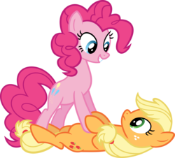 Size: 3539x3198 | Tagged: safe, artist:porygon2z, applejack, pinkie pie, earth pony, pony, g4, high res, missing accessory, on back, on top, simple background, transparent background, vector