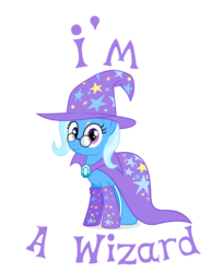 Size: 10294x12598 | Tagged: safe, artist:gladosthepotatopony, trixie, pony, unicorn, g4, absurd resolution, caption, clothes, cute, diatrixes, female, glasses, harry potter (series), i am a wizard, mare, simple background, socks, solo, transparent background, vector, wizard