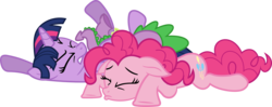 Size: 3575x1414 | Tagged: safe, artist:porygon2z, pinkie pie, spike, twilight sparkle, dragon, earth pony, pony, unicorn, g4, the ticket master, eyes closed, gritted teeth, on back, pile, pony pile, pouting, prone, simple background, transparent background, trio, unicorn twilight, vector