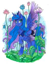 Size: 1150x1496 | Tagged: safe, artist:pony-paint, princess luna, alicorn, pony, g4, female, flower, raised hoof, solo, spread wings, traditional art