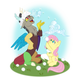 Size: 1000x1000 | Tagged: safe, artist:pony-paint, discord, fluttershy, draconequus, pegasus, pony, g4, dandelion, duo, floral head wreath, flower, looking up, sitting