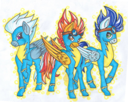 Size: 1279x1024 | Tagged: safe, artist:pony-paint, fleetfoot, soarin', spitfire, pegasus, pony, g4, goggles, goggles on head, traditional art, trio, wonderbolts, wonderbolts uniform