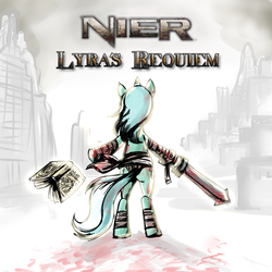 Size: 1000x1000 | Tagged: safe, artist:madmax, lyra heartstrings, pony, unicorn, g4, bipedal, blood, book, crossover, female, game, grimoire weiss, mare, nier, sword, weapon