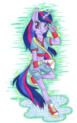 Size: 1346x2138 | Tagged: safe, artist:pony-paint, twilight sparkle, anthro, g4, bag, belly button, clothes, female, midriff, solo, sweatband, traditional art