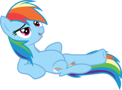 Size: 3535x2599 | Tagged: safe, artist:porygon2z, rainbow dash, pony, g4, ponyville confidential, bedroom eyes, female, gimpy leg, high res, on back, simple background, solo, transparent background, vector, wingless