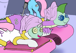 Size: 795x560 | Tagged: safe, artist:bico-kun, aloe, lotus blossom, rarity, spike, pony, unicorn, g4, bipedal, cucumber, female, food, jackhammer, jewels, male, mare, mud mask, relaxing, ship:sparity, shipping, spa, spa twins, straight
