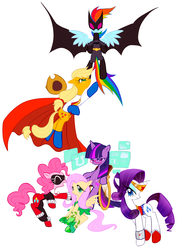 Size: 1400x1975 | Tagged: safe, artist:nottoc, applejack, fluttershy, pinkie pie, rainbow dash, rarity, twilight sparkle, earth pony, pegasus, pony, unicorn, g4, app-el, batman, cosplay, costume, dc comics, harley quinn, mane six, oracle (dc comics), pinkie quinn, pixiv, poison ivy, poison ivyshy, power girl, unicorn twilight, wonder woman, wonderjack