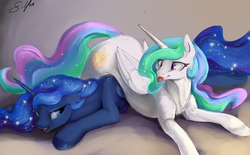 Size: 3000x1856 | Tagged: safe, artist:silfoe, princess celestia, princess luna, alicorn, pony, royal sketchbook, g4, cute, cutelestia, female, lying on top of someone, mare, missing accessory, open mouth, pony pile, raspberry, royal sisters, siblings, sillestia, silly, silly pony, sisters, tongue out