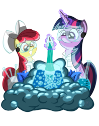 Size: 4500x5700 | Tagged: safe, artist:template93, apple bloom, twilight sparkle, alicorn, pony, g4, absurd resolution, clothes, female, glowing, goggles, grin, lab coat, magic, mare, poison joke, science, smiling, smoke, squee, telekinesis, twilight sparkle (alicorn)