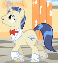 Size: 357x388 | Tagged: safe, screencap, horte cuisine, savoir fare, pony, unicorn, g4, the cutie mark chronicles, background pony, bowtie, cropped, magic, male, solo, spats, stallion