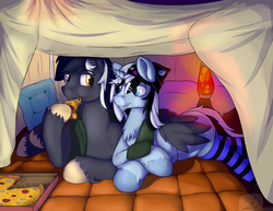 Size: 2700x2085 | Tagged: safe, artist:bigmuffintosh, oc, oc only, oc:muffintosh, oc:taylorpone, clothes, gay, hat, high res, hug, in love, lava lamp, male, pillow fort, pizza, scarf, shipping, snuggling, socks, striped socks, winghug