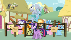 Size: 960x540 | Tagged: safe, applejack, carrot top, daring do, derpy hooves, fluttershy, golden harvest, mayor mare, octavia melody, pinkie pie, rainbow dash, rarity, screw loose, trixie, twilight sparkle, alicorn, pony, g4, chaff, corral, female, mare, op has failed to start shit, op is a duck, op is trying to start shit, twilight sparkle (alicorn), wheat