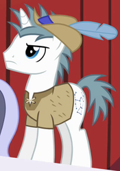 Size: 275x393 | Tagged: safe, screencap, orion, shooting star (character), pony, unicorn, g4, hearth's warming eve (episode), alternate hairstyle, clothes, feather, hat, solo