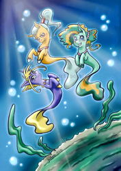 Size: 707x1000 | Tagged: safe, artist:taritoons, oc, oc only, oc:billow wisp, oc:flow clash, oc:wave bout, hippocampus, kelpie, merpony, mythology, rhinemaiden, ring of the nibelungen, underwater