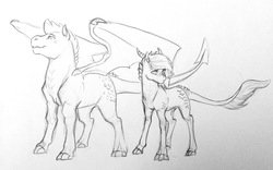 Size: 3264x2042 | Tagged: safe, artist:kianamai, oc, oc only, oc:crystal clarity, oc:turquoise blitz, dracony, hybrid, kilalaverse, high res, interspecies offspring, monochrome, next generation, offspring, parent:rarity, parent:spike, parents:sparity, pencil drawing, sketch, style emulation, traditional art