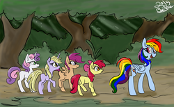 Size: 2105x1298 | Tagged: safe, artist:peanutbuttersqaures, apple bloom, dinky hooves, rainbow dash, scootaloo, sweetie belle, fanfic:bittersweet, mentally advanced series, rainbow dash presents, g4, cutie mark crusaders, thrackerzod, tree