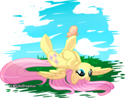 Size: 2755x2176 | Tagged: safe, artist:xwhitedreamsx, fluttershy, butterfly, pegasus, pony, g4, female, high res, looking at you, on back, simple background, solo, transparent background