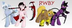 Size: 1024x410 | Tagged: safe, artist:bookfangeek, blake belladonna, crescent rose, crossover, ember celica, gamboul shroud, myrtenaster, ponified, ruby rose, rwby, weiss schnee, yang xiao long
