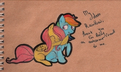 Size: 1024x614 | Tagged: safe, artist:fraida94, fluttershy, rainbow dash, g4, happy, hug, traditional art