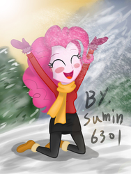 Size: 1536x2048 | Tagged: safe, artist:sumin6301, pinkie pie, equestria girls, g4, clothes, female, mittens, scarf, snow, solo, winter