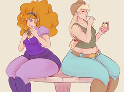 Size: 1280x952 | Tagged: safe, artist:sundown, adagio dazzle, applejack, human, g4, adagio dat-azzle, applebucking thighs, applebutt, ass, butt, cleavage, dazzlejack, eating, female, food, freckles, humanized, ice cream, lesbian, scar, shipping, sparkles, thighs, thunder thighs, wide hips