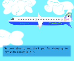 Size: 950x780 | Tagged: safe, artist:pacificgreen, princess celestia, g4, airline, celestia air, cloud, cloudy, inflight safety, jumbo jet, plane, safety video
