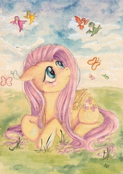 Size: 1059x1500 | Tagged: safe, artist:shelenka, fluttershy, bird, butterfly, g4, cute, female, lying down, solo, traditional art