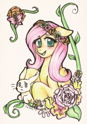 Size: 1000x1423 | Tagged: safe, artist:sulphuris, angel bunny, fluttershy, g4, flower, traditional art