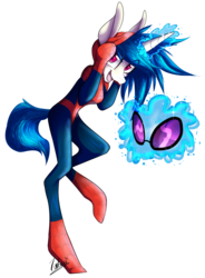 Size: 2571x3485 | Tagged: safe, artist:turrkoise, dj pon-3, vinyl scratch, anthro, g4, female, glasses, high res, magic, male, simple background, solo, spider-man, transparent background