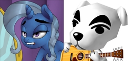 Size: 1200x577 | Tagged: safe, artist:shdingo, trixie, pony, unicorn, g4, animal crossing, female, k.k. slider, mare, thick eyebrows