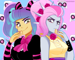 Size: 800x639 | Tagged: safe, artist:chokico, photo finish, pixel pizazz, violet blurr, equestria girls, g4, my little pony equestria girls: rainbow rocks, bust, female, looking at you, nail polish, phone