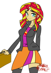 Size: 1238x1767 | Tagged: safe, artist:xxxsketchbookxxx, sunset shimmer, equestria girls, g4, bag, clothes, female, humanized, jacket, leather jacket, miniskirt, schoolgirl, shirt, simple background, skirt, socks, solo, thigh highs, thigh socks, transparent background