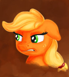 Size: 1024x1146 | Tagged: safe, artist:notlikelyanartist, applejack, g4, angry, female, floppy ears, hatless, missing accessory, solo