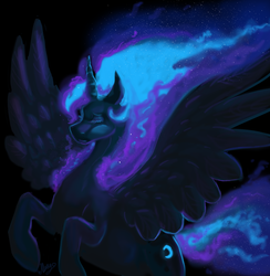 Size: 1675x1716 | Tagged: safe, artist:mylittlegodzilla, nightmare moon, princess luna, alicorn, pony, g4, beautiful, blue mane, blue tail, crying, digital art, ethereal mane, ethereal tail, eyelashes, eyes closed, eyeshadow, feather, female, flowing mane, flowing tail, flying, glowing, horn, makeup, mare, night, rearing, sad, solo, sparkles, spread wings, starry mane, starry tail, stars, tail, wings