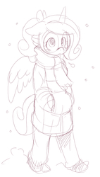 Size: 484x850 | Tagged: safe, artist:ende26, princess cadance, anthro, g4, adorkable, blushing, clothes, coat, cute, cutedance, dork, female, floppy ears, glasses, grayscale, jacket, looking up, meganekko, monochrome, scarf, snow, snowfall, solo, walking, winter