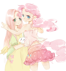 Size: 964x1040 | Tagged: safe, artist:fuuzi, angel bunny, fluttershy, pinkie pie, human, g4, clothes, humanized, midriff, pixiv, skirt, tailed humanization, winged humanization