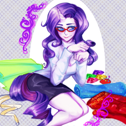 Size: 800x800 | Tagged: safe, artist:gan-91003, rarity, human, g4, boob window, clothes, female, gem, glasses, horn, horned humanization, humanized, keyhole turtleneck, open-chest sweater, solo, sweater, tailed humanization, turtleneck