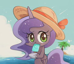 Size: 962x831 | Tagged: dead source, safe, artist:joycall6, princess luna, alicorn, pony, g4, beach, blushing, female, hat, ice cream, solo