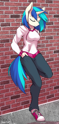 Size: 542x1138 | Tagged: safe, artist:php41, derpibooru exclusive, dj pon-3, vinyl scratch, unicorn, anthro, plantigrade anthro, g4, against wall, brick wall, clothes, earbuds, eyes closed, female, leaning, smiling
