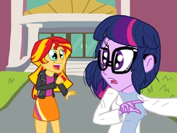 Size: 1024x768 | Tagged: safe, artist:biosonic100, sci-twi, sunset shimmer, twilight sparkle, equestria girls, g4, my little pony equestria girls: rainbow rocks, canterlot high, female, hilarious in hindsight