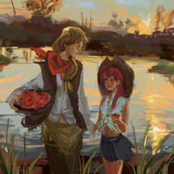 Size: 2480x2480 | Tagged: safe, artist:awnkkepn6, apple bloom, applejack, human, g4, accessory swap, apple, belly button, clothes, dusk, front knot midriff, high res, humanized, lake, midriff, scenery, sisters, skirt, sunset, twilight (astronomy)