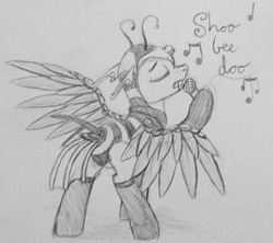 Size: 1280x1135 | Tagged: safe, artist:thedragenda, oc, oc only, oc:bee, bee, changeling, changeling oc, clothes, costume, eyes closed, microphone, monochrome, singing, solo, traditional art
