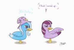 Size: 1000x682 | Tagged: safe, artist:moonlightscribe, trixie, twilight sparkle, duck, g4, dialogue, frown, glare, open mouth, species swap, traditional art, transformation, worried