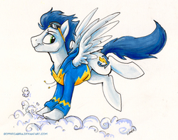 Size: 800x632 | Tagged: safe, artist:spainfischer, soarin', pony, g4, clothes, cloud, goggles, hoodie, male, solo